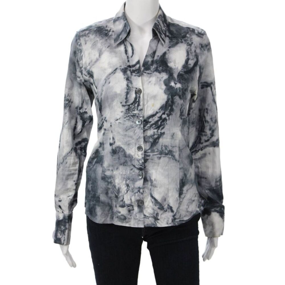 Paper White Women Collared Black Cotton Button-Up Long Sleeve Blouse Size 6